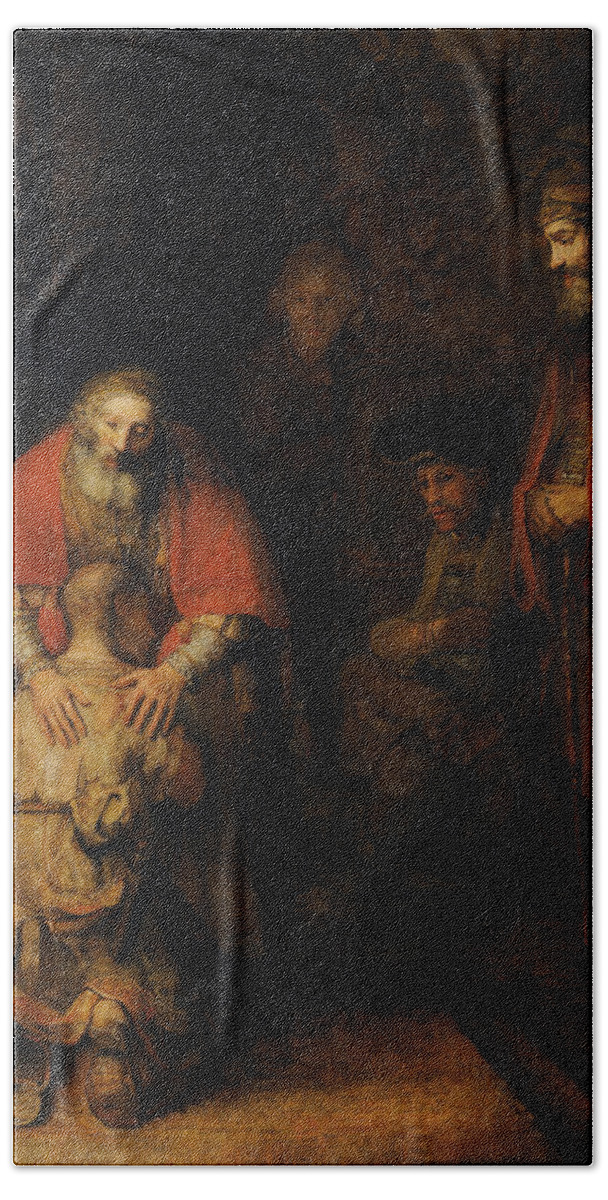 1665 Beach Towel featuring the painting Return of the Prodigal Son by Rembrandt van Rijn