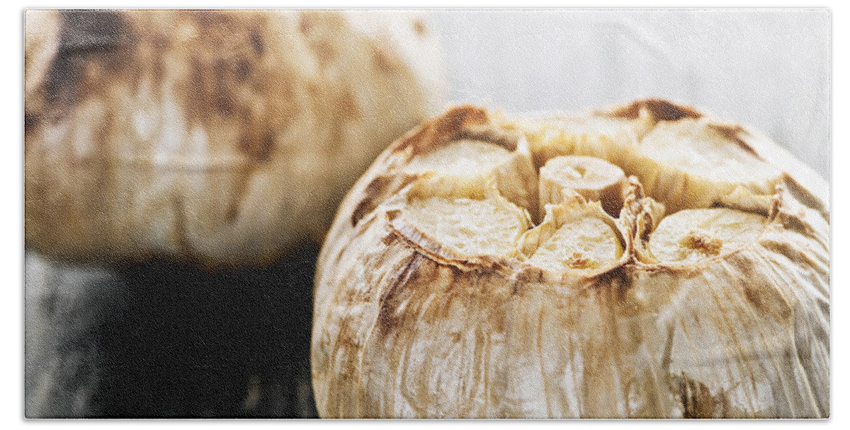 Garlic Beach Towel featuring the photograph Roasted garlic bulbs 2 by Elena Elisseeva
