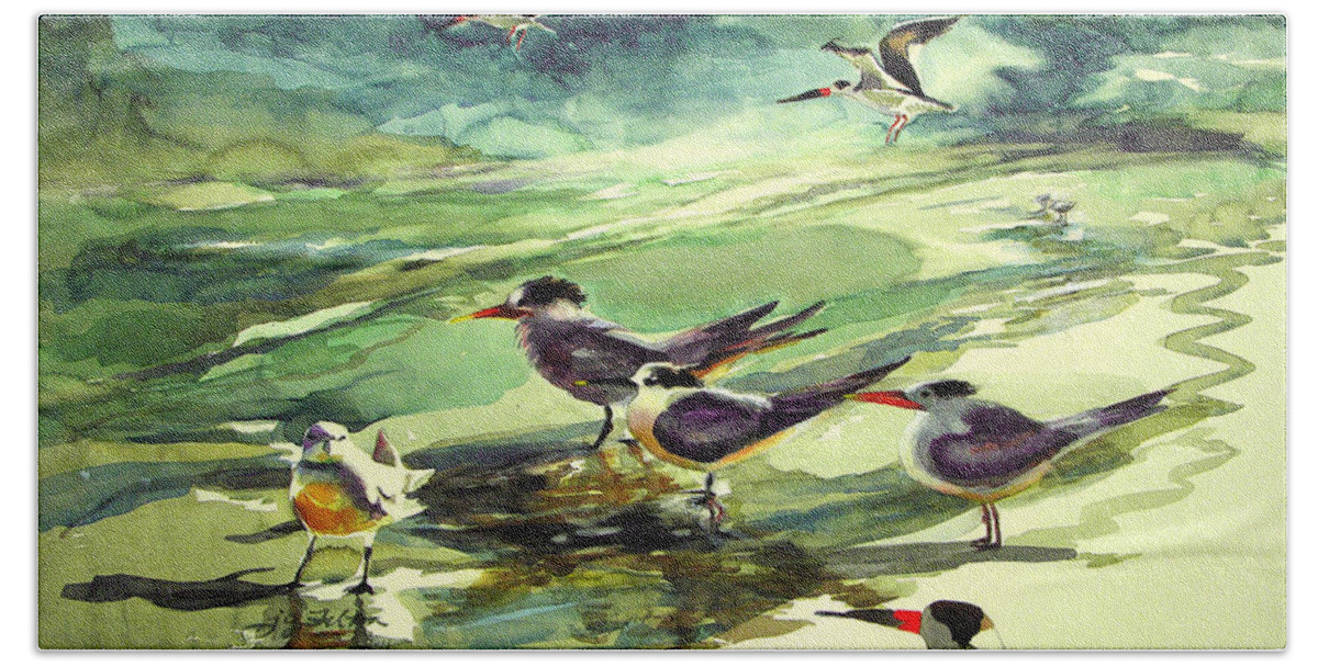 Watercolor Beach Sheet featuring the painting Royal Terns and Black Skimmers by Julianne Felton