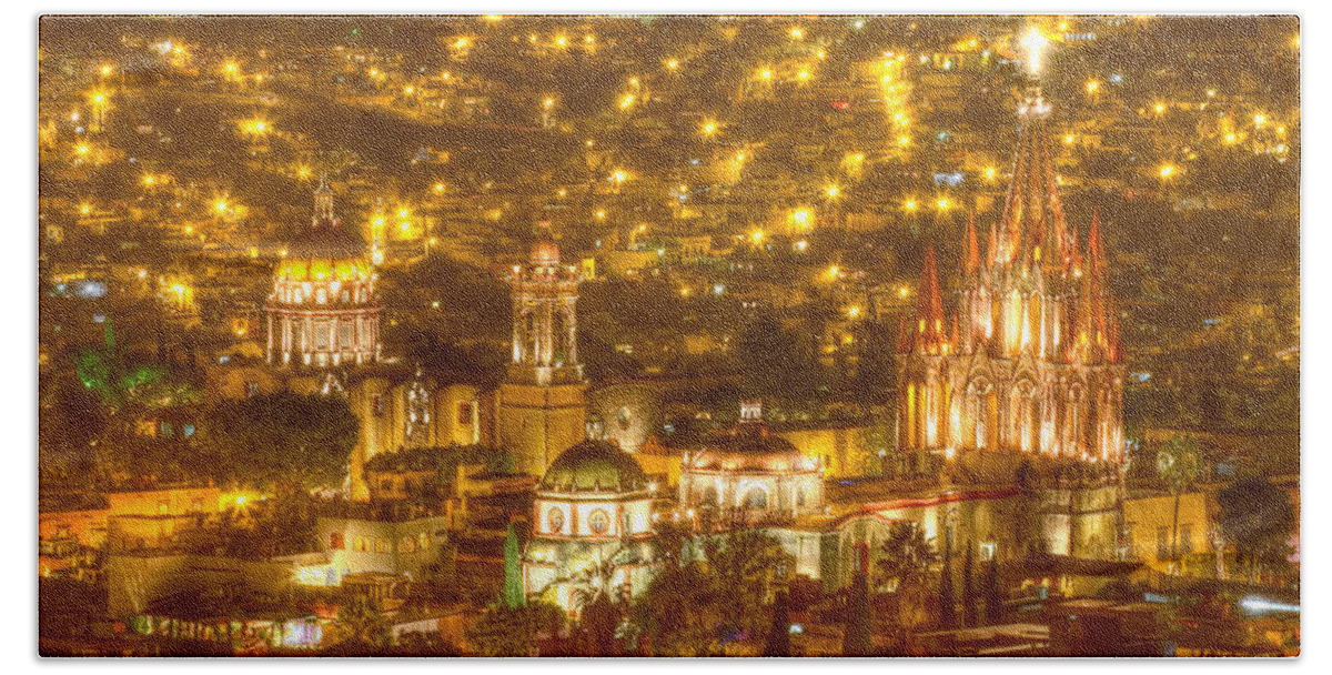 San Miguel Beach Towel featuring the photograph San Miguel de Allende at Night #2 by Lindley Johnson