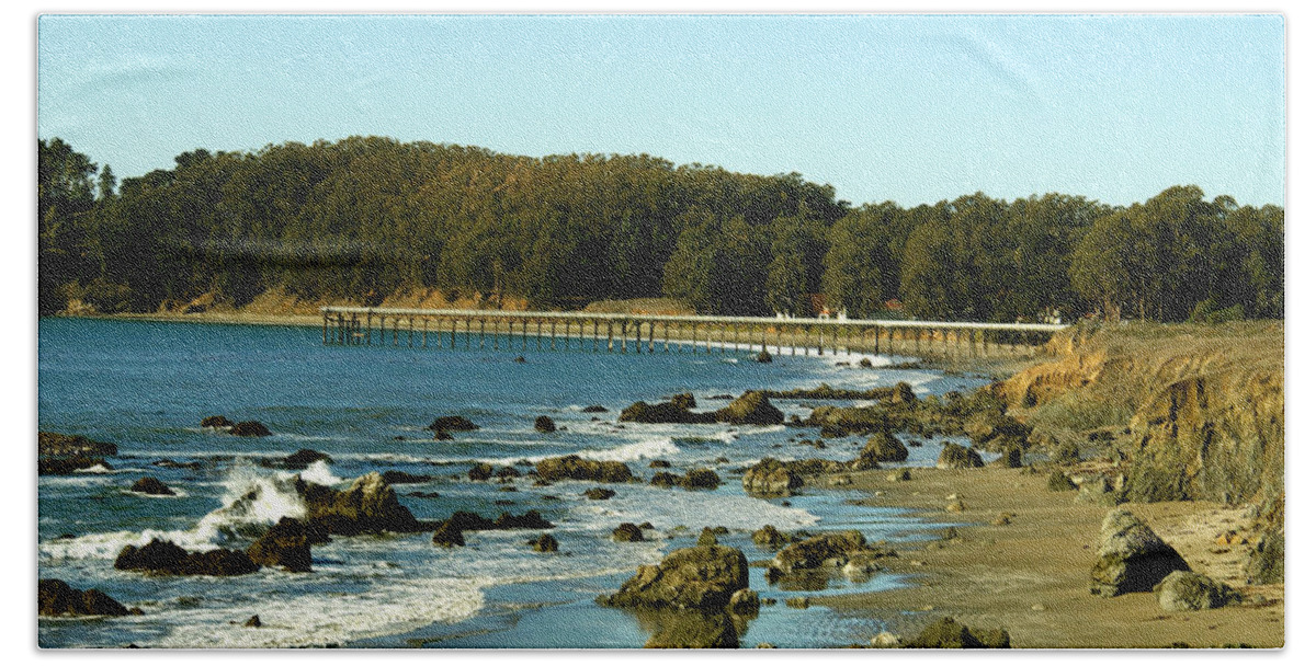 Barbara Snyder Beach Towel featuring the photograph San Simeon Pier #1 by Barbara Snyder