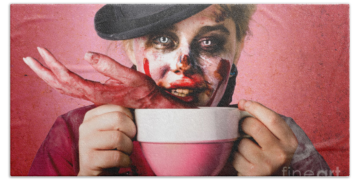 Handmade Beach Towel featuring the photograph Scary female zombie drinking handmade soup #1 by Jorgo Photography