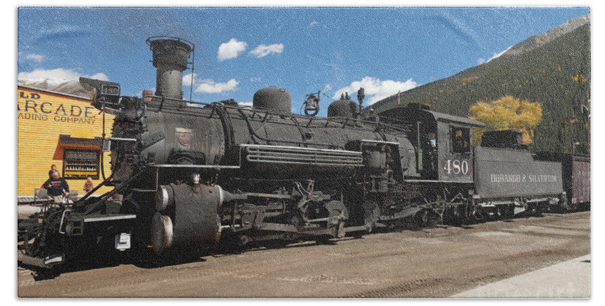 Afternoon Beach Towel featuring the photograph Silverton Station Engine 480 on the Durango and Silverton Narrow Gauge RR by Fred Stearns