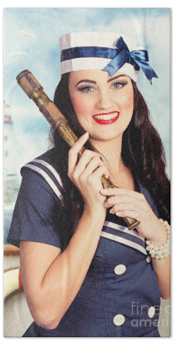 Nautical Beach Towel featuring the photograph Smiling young pinup sailor girl. Sea search and rescue by Jorgo Photography