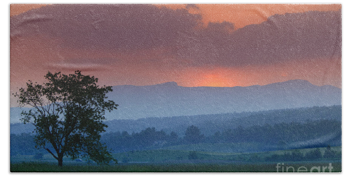 Mt. Mansfield Beach Towel featuring the photograph Sunset over Mt. Mansfield in Stowe Vermont by Don Landwehrle