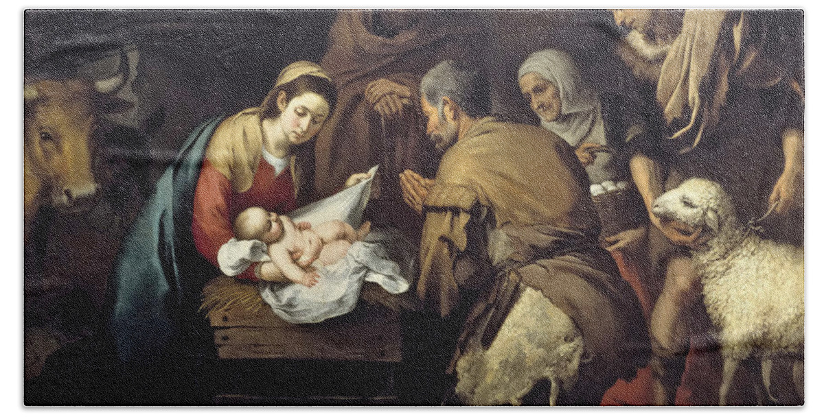 Bartolome Esteban Murillo Beach Towel featuring the painting The Adoration of the Shepherds #2 by Bartolome Esteban Murillo