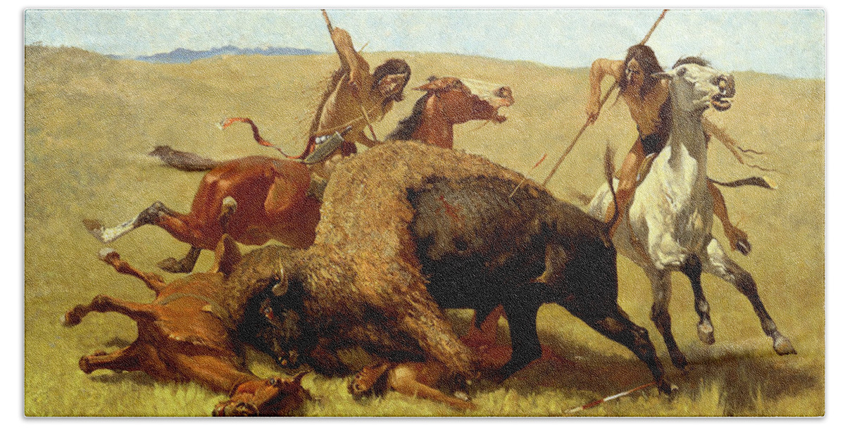 The Buffalo Hunt Beach Towel featuring the photograph The Buffalo Hunt #5 by Frederic Remington