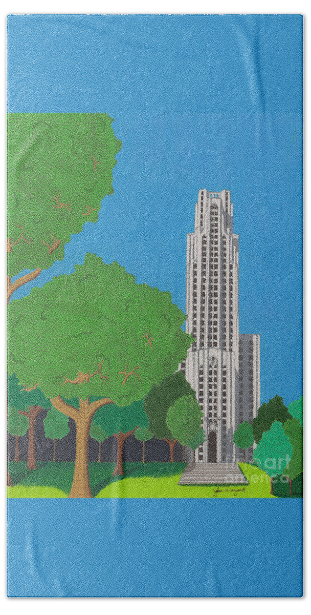 Cathedral Beach Towel featuring the drawing The Cathedral of Learning by John Wiegand
