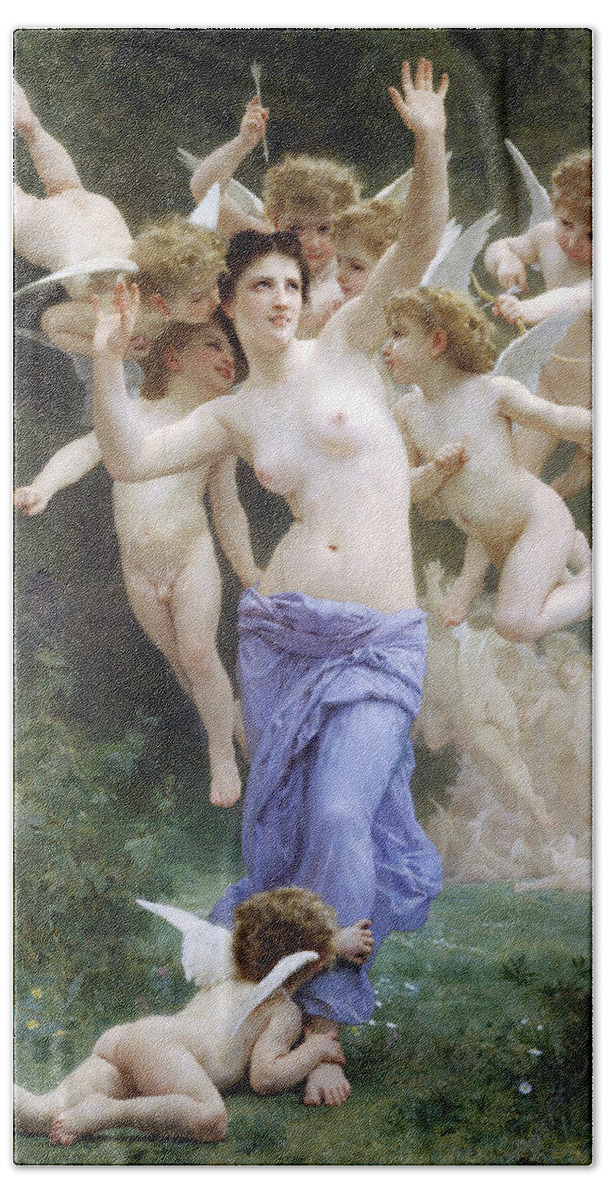 William-adolphe Bouguereau Beach Towel featuring the painting The Hearts Awakening #2 by William-Adolphe Bouguereau