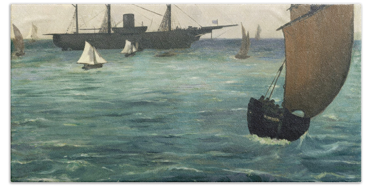 Edouard Manet Beach Towel featuring the painting The Kearsarge at Boulogne #4 by Edouard Manet