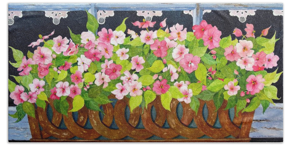 Impatients Beach Towel featuring the painting The Window Box by Mary Ellen Mueller Legault
