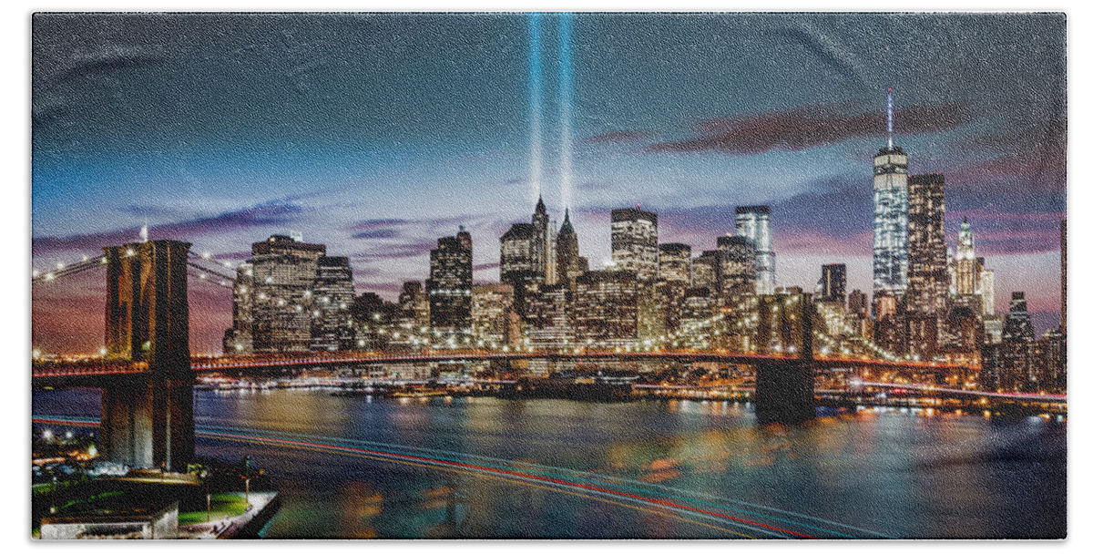 2014 Beach Towel featuring the photograph Tribute in Light memorial #1 by Mihai Andritoiu
