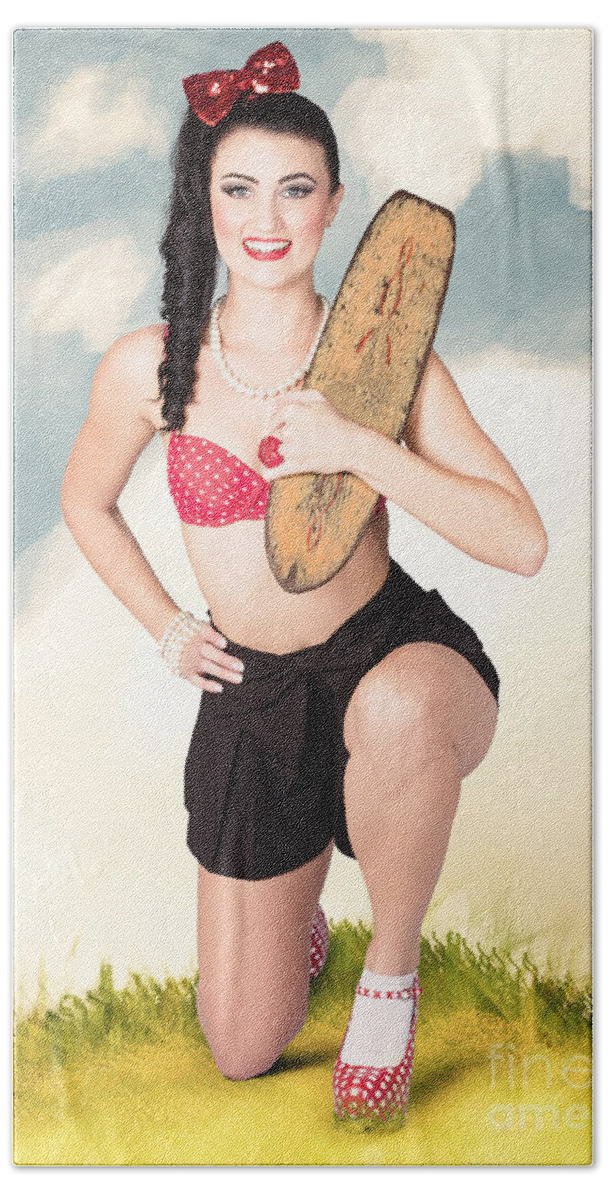 Skateboard Beach Towel featuring the photograph Vintage photo illustration. Smiling skater woman #1 by Jorgo Photography