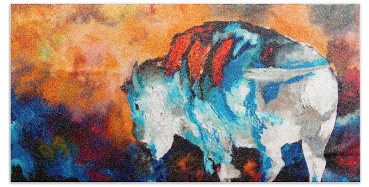 Contemporary White Buffalo Painting Beach Sheet featuring the painting White Buffalo Ghost by Karen Kennedy Chatham