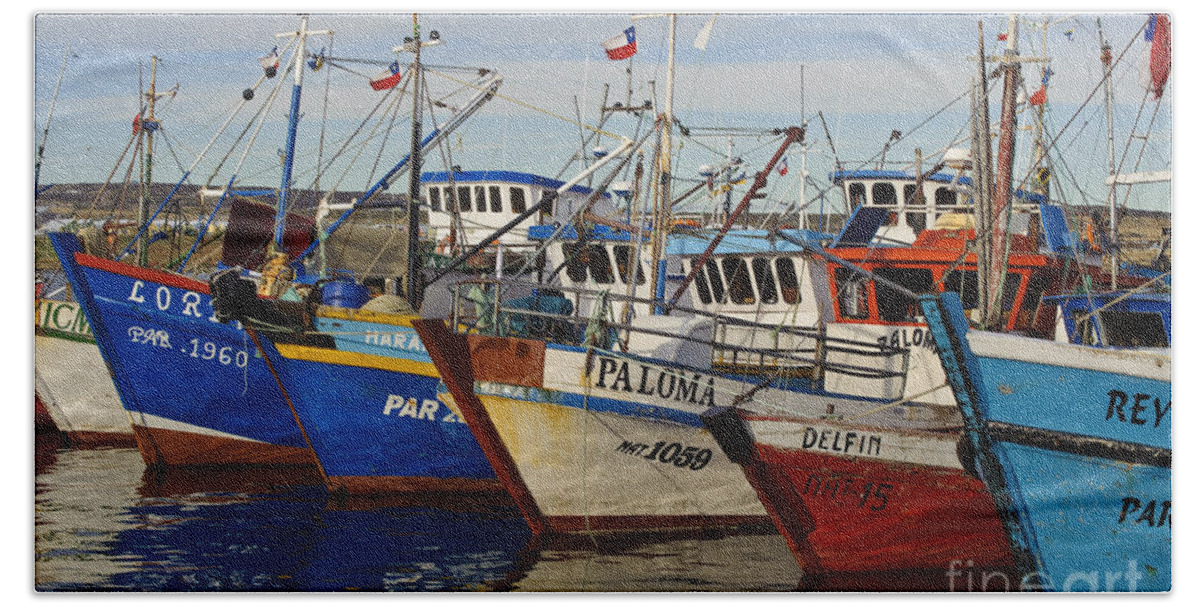 Chile Beach Towel featuring the photograph Wooden Fishing Boats In Harbor, Chile #1 by John Shaw