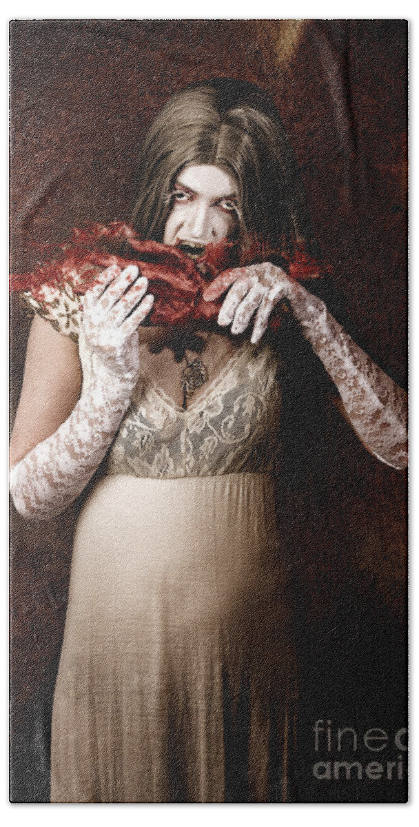 Blood Beach Towel featuring the photograph Zombie vampire woman eating human hand #1 by Jorgo Photography