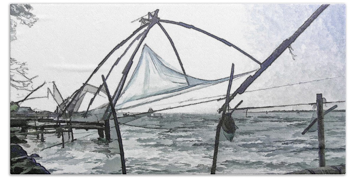 Action Beach Sheet featuring the digital art Fishing nets on the sea coast in Alleppey #10 by Ashish Agarwal