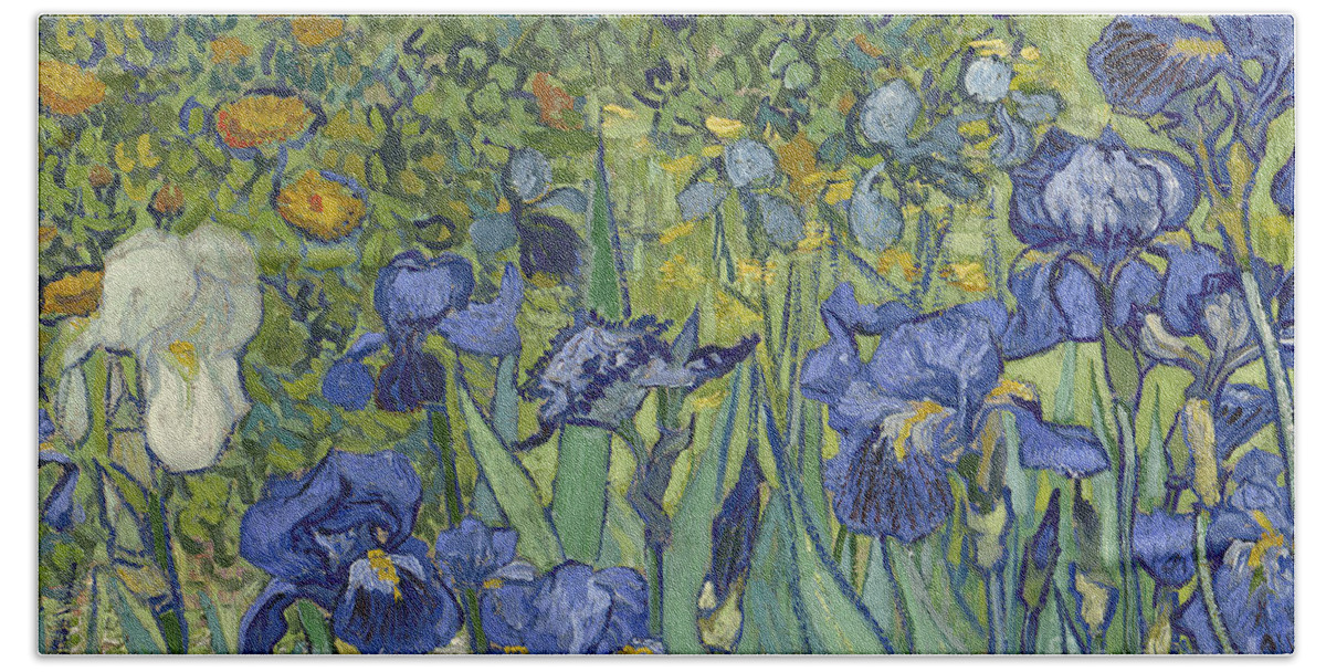 Irises Beach Towel featuring the painting Irises, 1889 by Vincent Van Gogh by Vincent Van Gogh