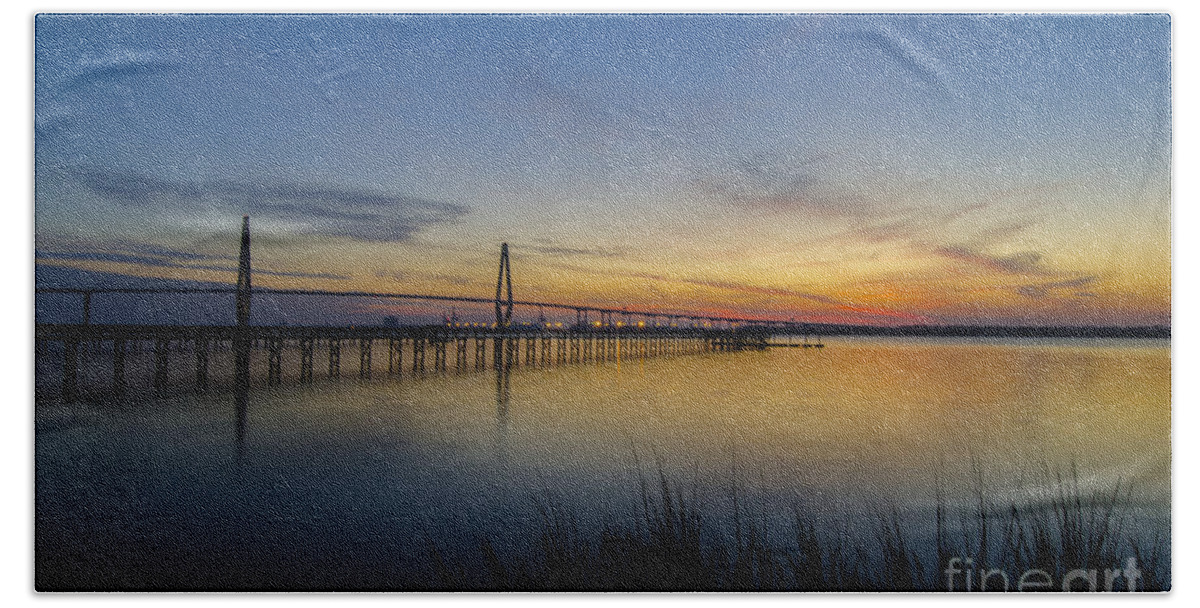 Arthur Ravenel Bridge At Sunset Beach Towel featuring the photograph Peacefull Hues of Orange and Yellow by Dale Powell