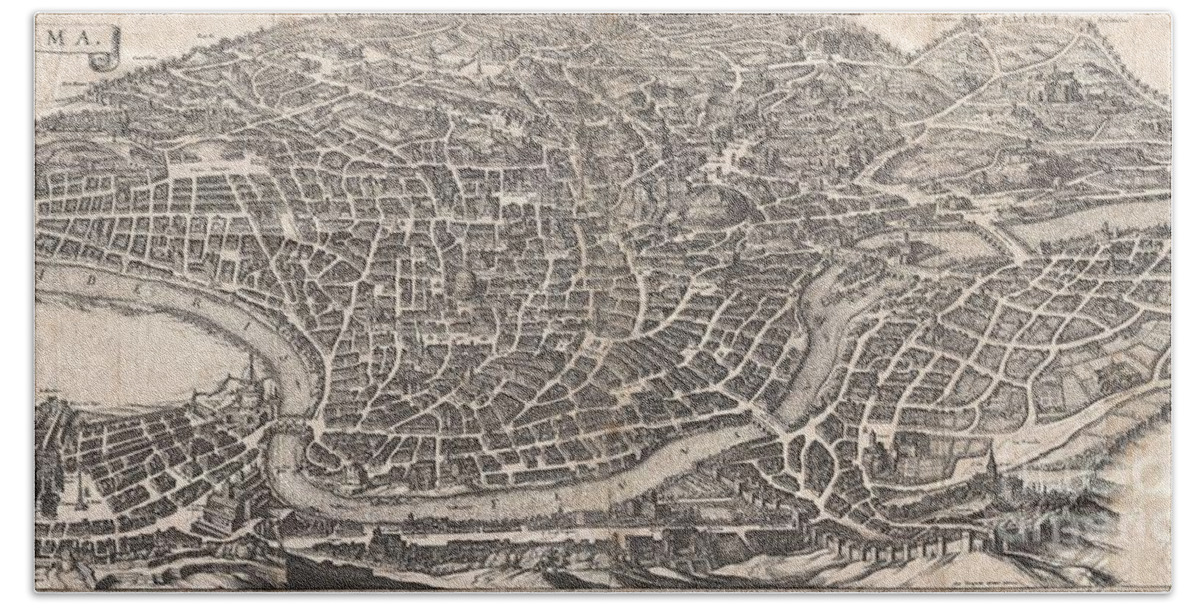 An Important And Stunning C. 1641 Bird's Eye View And Map Of Rome By Matthus Merian. Merian's Panoramic View Of Rome Beach Sheet featuring the photograph 1652 Merian Panoramic View or Map of Rome Italy by Paul Fearn