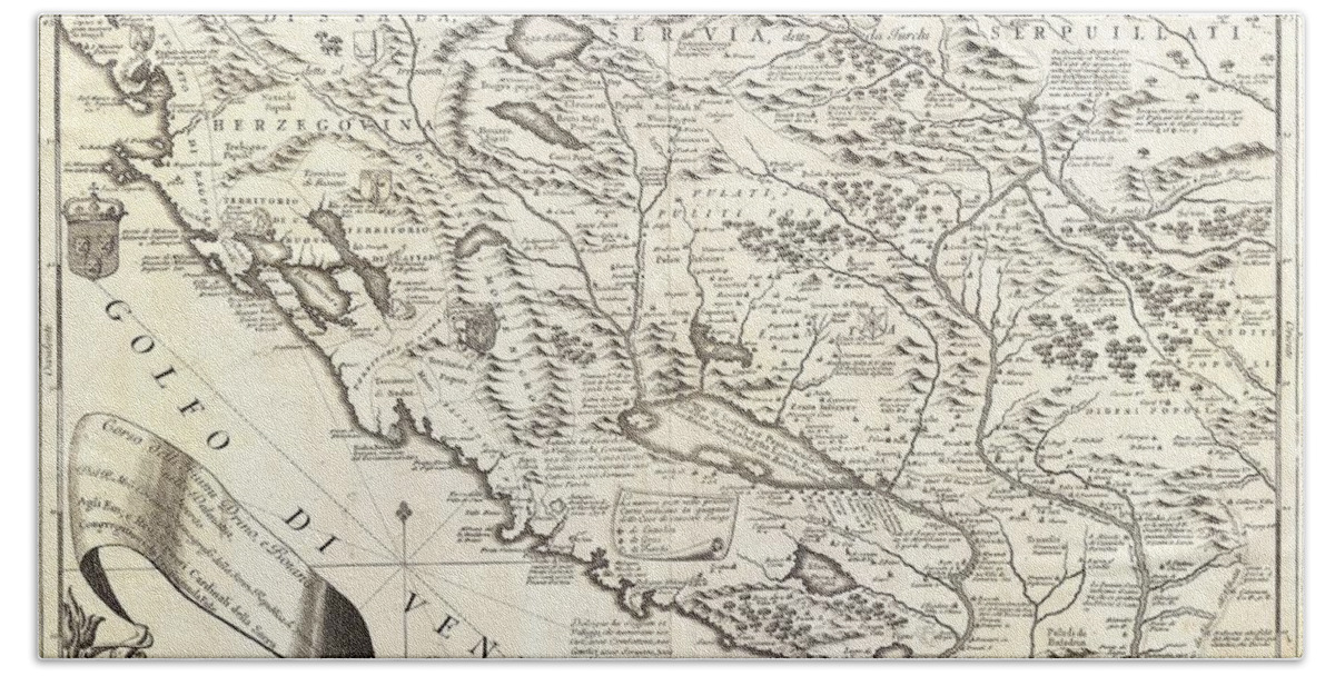 This Is Vincenzo Maria Coronelli's 1690 Map Of Montenegro. Covers The Dalmatian Coast From Dubrovnik To Gjiri I Drinit Beach Sheet featuring the photograph 1690 Coronelli Map of Montenegro by Paul Fearn