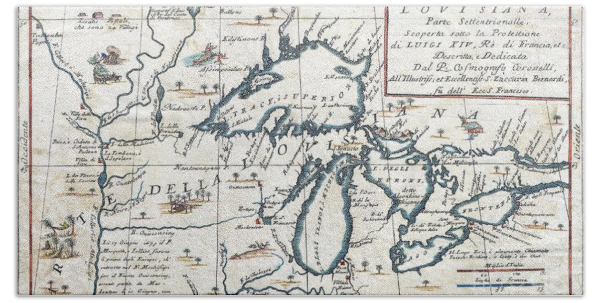  This Exceedingly Rare 1694 Map By Vincenzo Coronelli Is The Most Important Depiction Of The Great Lakes And The Headwaters Of The Mississippi River To Appear In The Late 17th Century. Covers All Five Great Lakes And Extends Westward As Far As The Mississippi River Valley. This Map Is A Careful Study Of The Great Lakes Region And Reveals Coronelli’s Fascination With This Area. Coronelli Derived His Cartographic Information From The Reports Of Jesuit Missionaries Who Were Actively Proselytizing In This Region Throughout The Mid To Late 18th Century. These Included The Explorations Of La Salle Beach Towel featuring the photograph 1696 Coronelli Map of the Great Lakes by Paul Fearn