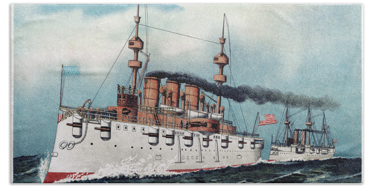 1893 Beach Towel featuring the painting U.s. Navy Cruiser, 1893 by Currier and Ives