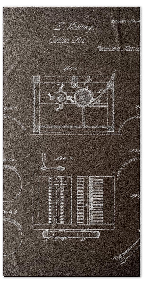 Eli Whitney Beach Sheet featuring the digital art 1794 Eli Whitney Cotton Gin Patent Espresso by Nikki Marie Smith