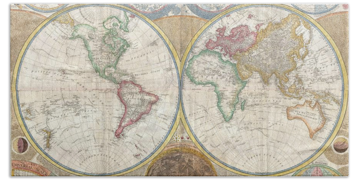 An Absolutely Stunning And Monumental Double Hemisphere Wall Map Of The World By Samuel Dunn Dating To 1794. This Extraordinary Map Is So Large And So Rich In Detail That It Is Exceptionally Challenging To Do It Full Justice In Either Photographic Or Textual Descriptions. Covers The Entire World In A Double Hemisphere Projection. The Primary Map Is Surrounded On All Sides But Detailed Scientific Calculations And Descriptions As Well As Northern And Southern Hemisphere Star Charts Beach Towel featuring the photograph 1794 Samuel Dunn Wall Map of the World in Hemispheres by Paul Fearn