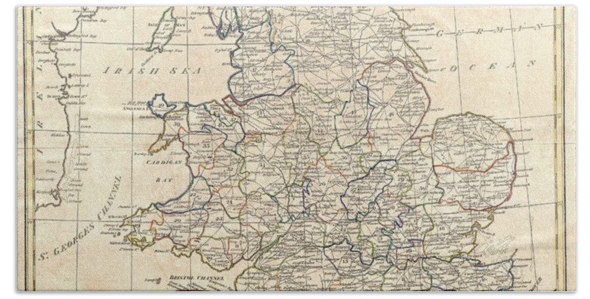 A Fine 1799 Map Of England And Wales By The English Map Publisher Clement Cruttwell. A Highly Detailed Map Of The Cartographer’s Home Country Beach Towel featuring the photograph 1799 Clement Cruttwell Map of England by Paul Fearn