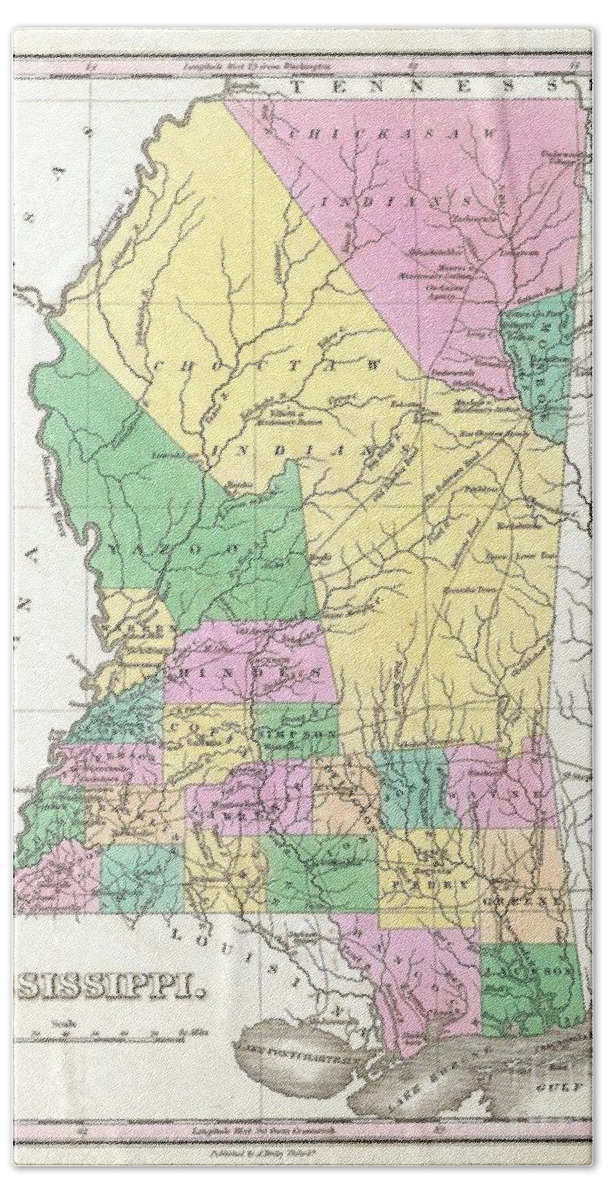 A Beautiful Example Of Finley's Important 1827 Map Of Mississippi. Depicts The State With Moderate Detail In Finley's Classic Minimalist Style. Shows River Ways Beach Towel featuring the photograph 1827 Finley Map of Mississippi by Paul Fearn