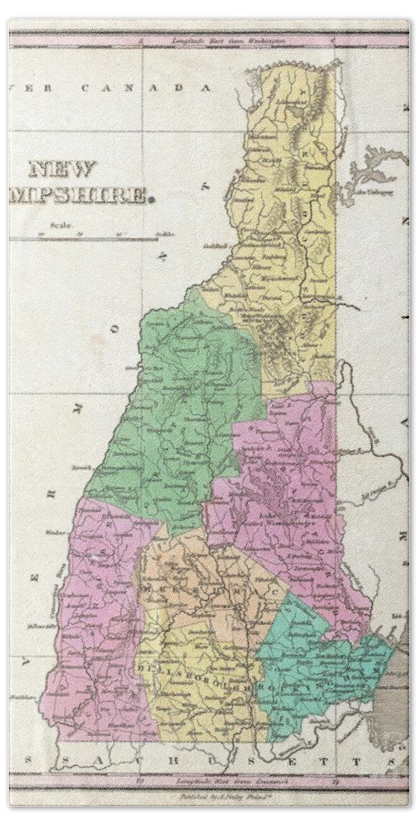 A Beautiful Example Of Finley's Important 1827 Map Of New Hampshire. Depicts The State With Moderate Detail In Finley's Classic Minimalist Style. Shows River Ways Beach Towel featuring the photograph 1827 Finley Map of New Hampshire by Paul Fearn