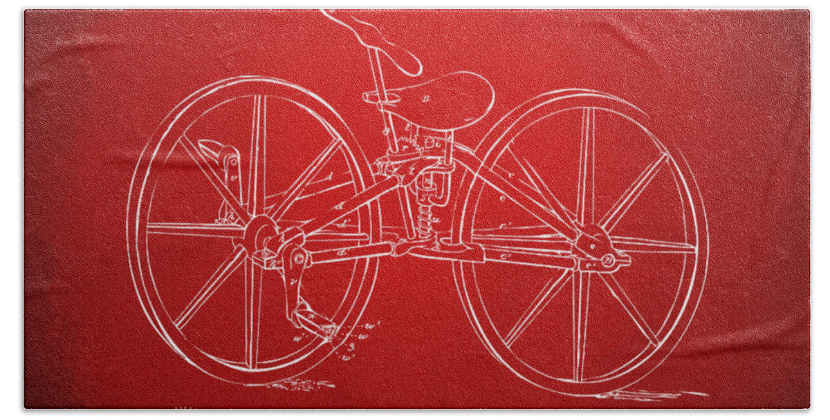 Bicycle Beach Towel featuring the digital art 1869 Velocipede Bicycle Patent Artwork Red by Nikki Marie Smith