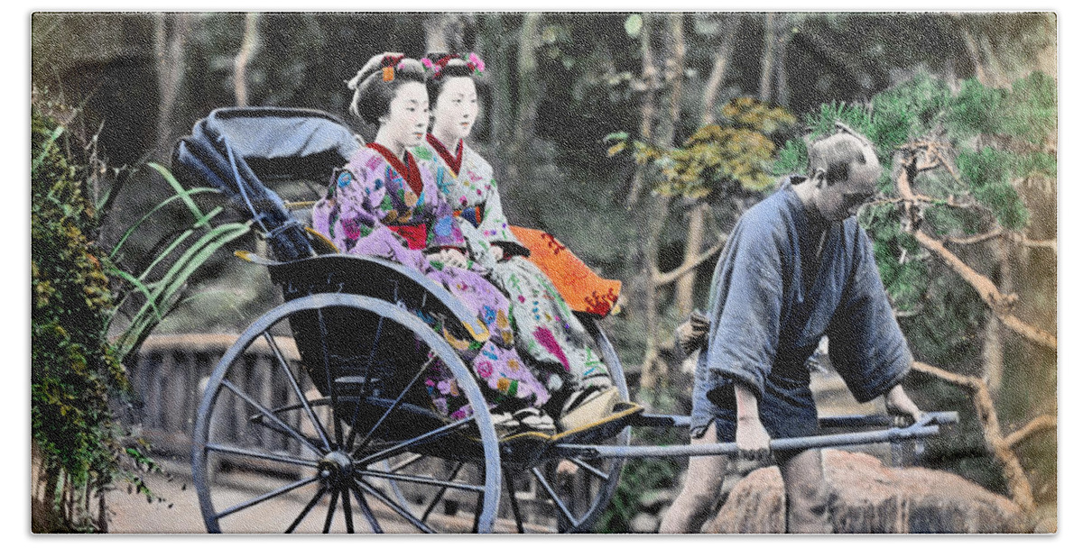 Japan Beach Towel featuring the photograph 1870 Geisha Girls traveling in Rickshaw by Historic Image