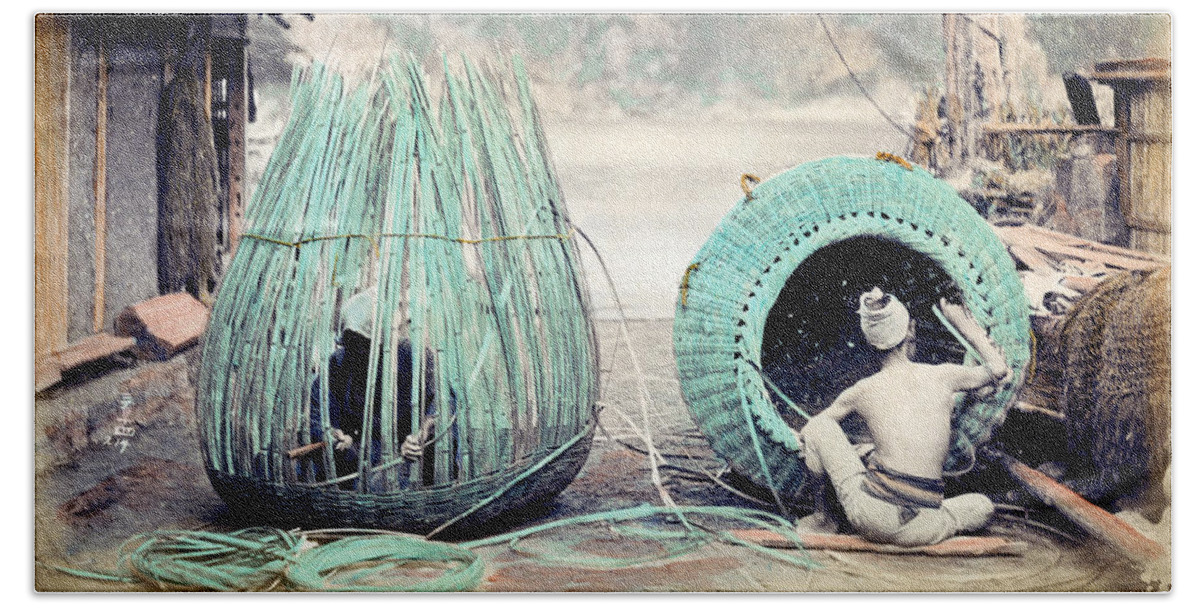 Japan Beach Sheet featuring the photograph 1870 Japanese Basket Weavers by Historic Image