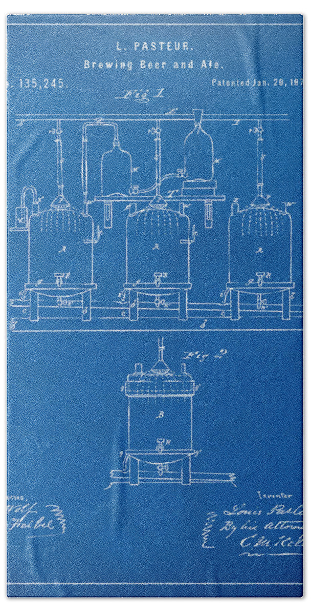 Beer Beach Towel featuring the digital art 1873 Brewing Beer and Ale Patent Artwork - Blueprint by Nikki Marie Smith