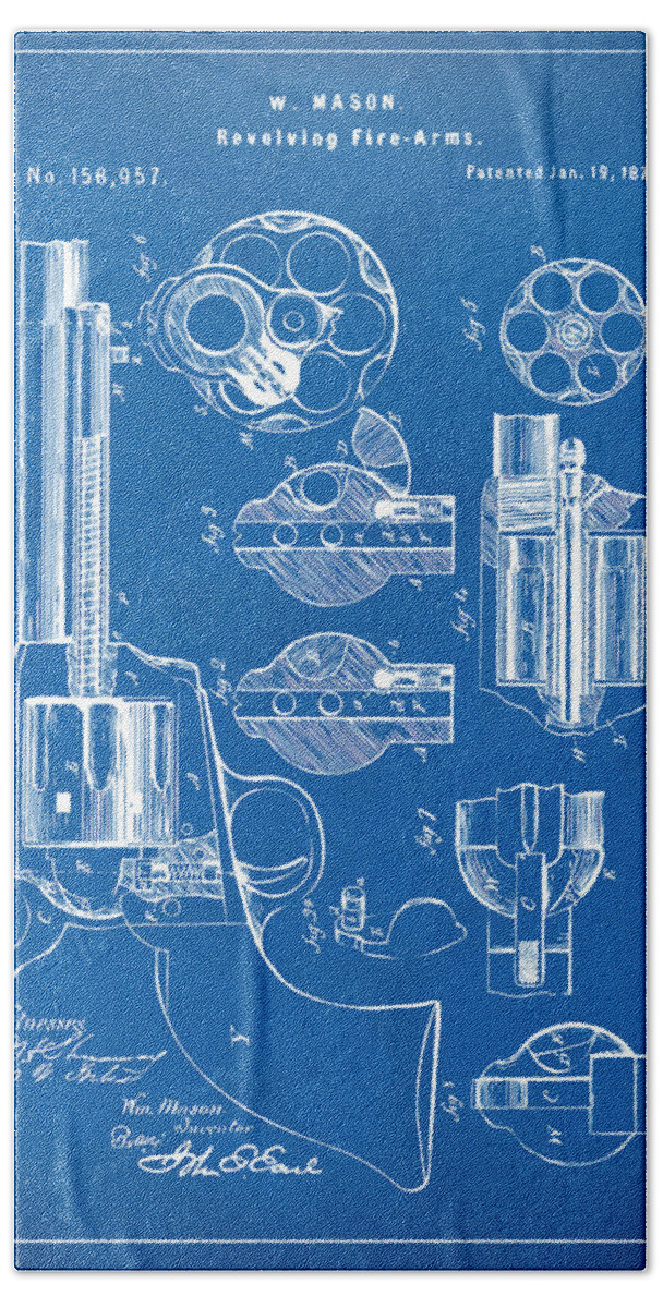 Colt Beach Towel featuring the digital art 1875 Colt Peacemaker Revolver Patent Blueprint by Nikki Marie Smith