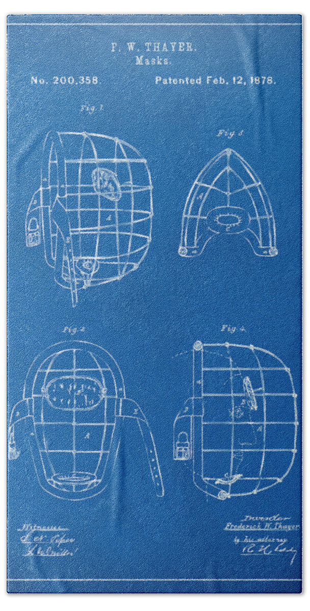 Baseball Beach Towel featuring the digital art 1878 Baseball Catchers Mask Patent - Blueprint by Nikki Marie Smith