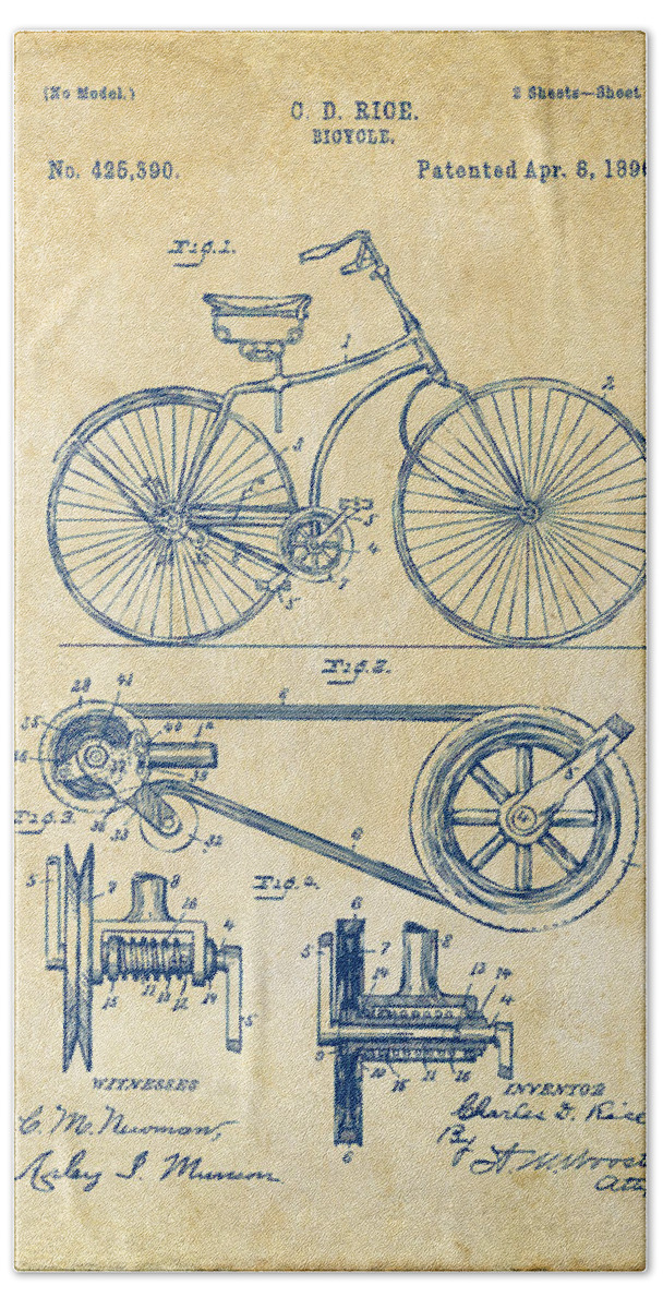 Velocipede Beach Sheet featuring the digital art 1890 Bicycle Patent Artwork - Vintage by Nikki Marie Smith