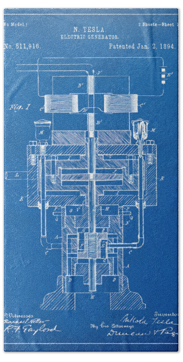 Tesla Beach Sheet featuring the digital art 1894 Tesla Electric Generator Patent Blueprint by Nikki Marie Smith