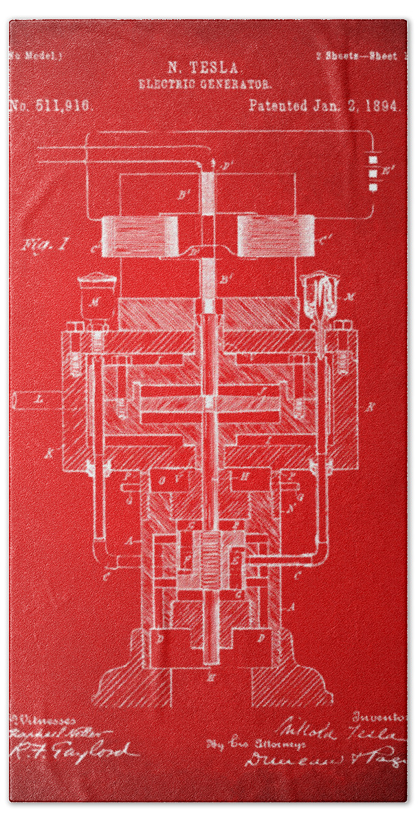 Tesla Beach Sheet featuring the digital art 1894 Tesla Electric Generator Patent Red by Nikki Marie Smith