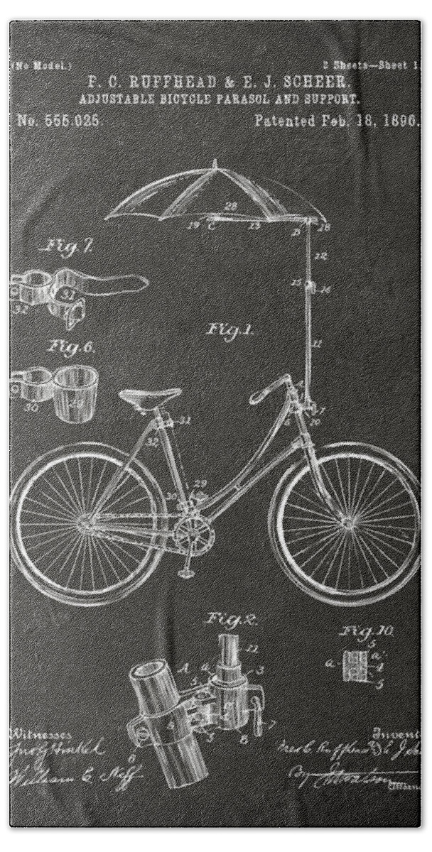 Bicycle Beach Towel featuring the digital art 1896 Bicycle Parasol Patent Artwork Gray by Nikki Marie Smith