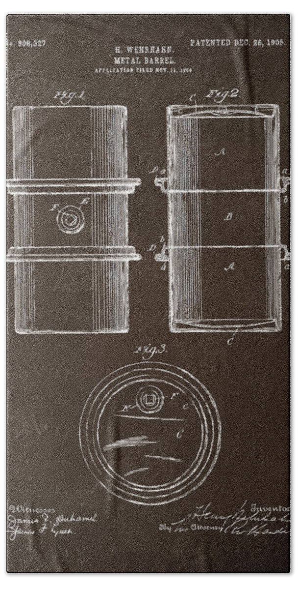Oil Drum Beach Towel featuring the digital art 1905 Oil Drum Patent Artwork Espresso by Nikki Marie Smith