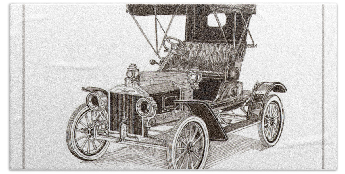 A Pen & Ink Drawing Of A 1908 Ford Model R Roadster Beach Towel featuring the drawing 1908 Ford Model R Runabout by Jack Pumphrey