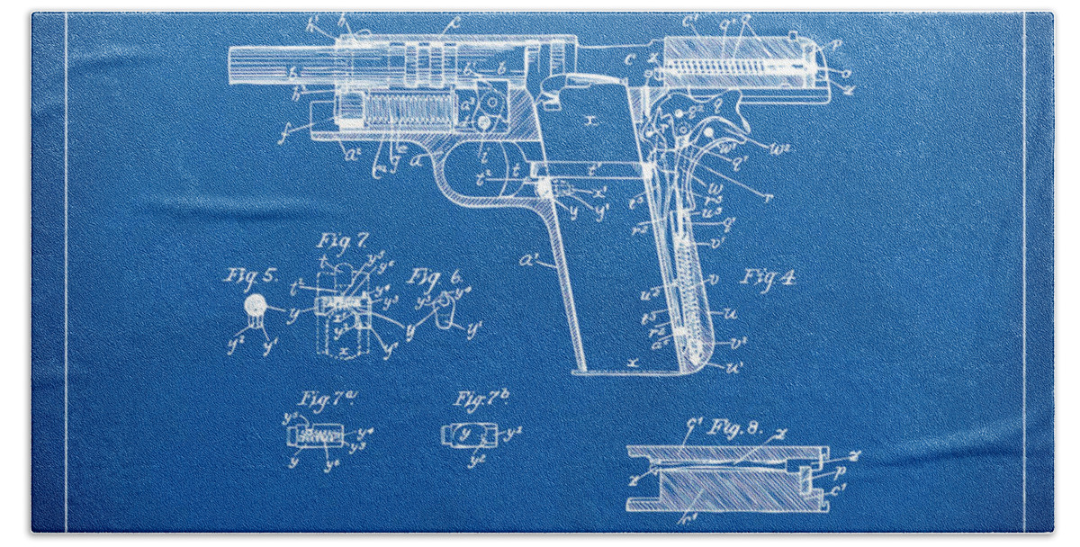 Colt 45 Beach Towel featuring the digital art 1911 Colt 45 Browning Firearm Patent 2 Artwork Blueprint by Nikki Marie Smith