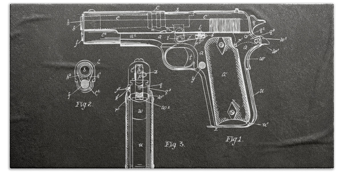 Colt 45 Beach Sheet featuring the digital art 1911 Browning Firearm Patent Artwork - Gray by Nikki Marie Smith