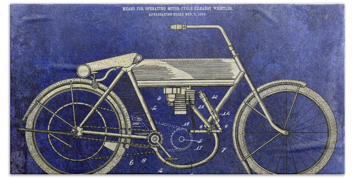 Harley Davidson Patent Drawing Beach Towel featuring the photograph 1911 Motorcycle Patent Drawing 2 Tone Blue by Jon Neidert