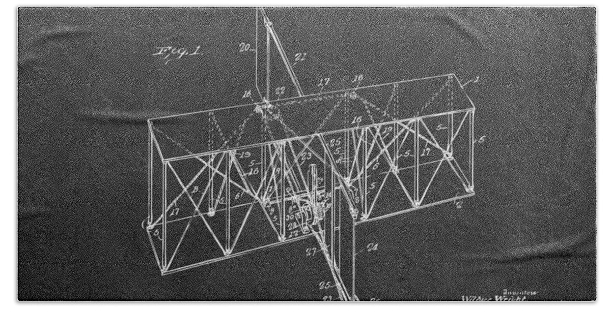Wright Brothers Beach Sheet featuring the digital art 1914 Wright Brothers Flying Machine Patent Gray by Nikki Marie Smith