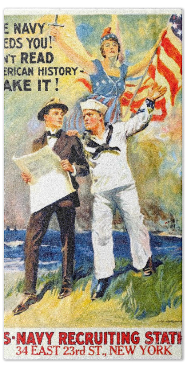 1917 Beach Sheet featuring the digital art 1917 - United States Navy Recruiting Poster - World War One - Color by John Madison