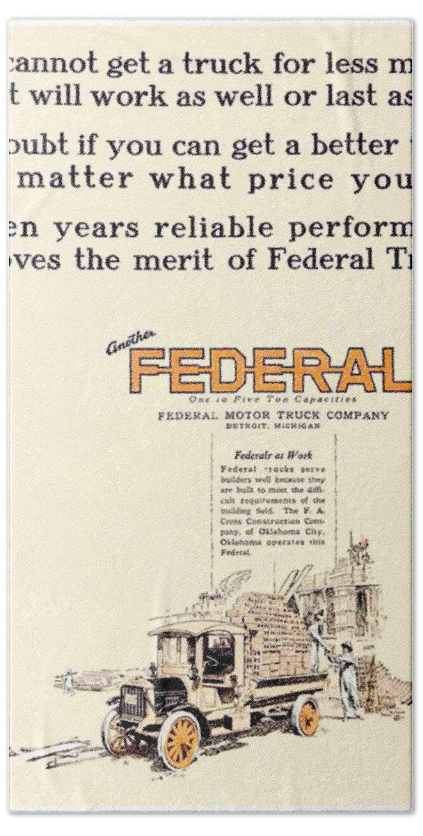 1924 Beach Towel featuring the digital art 1921 - Federal Truck Advertisement - Color by John Madison